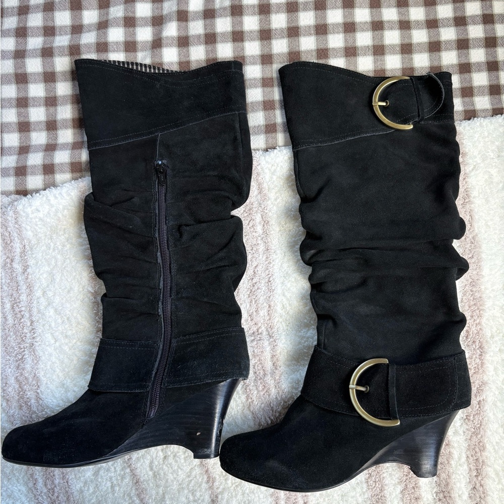Black Suede Mid-Calf Slouch Boots with Gold Buckle